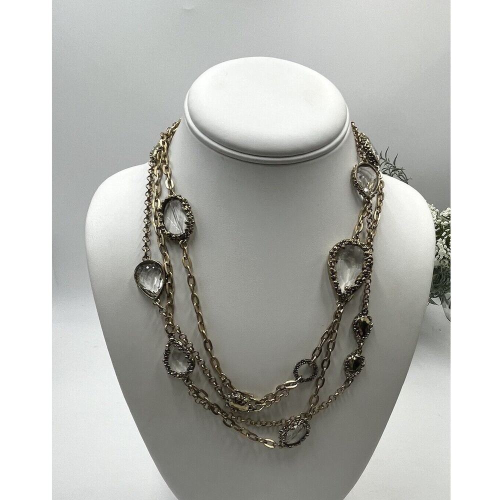 Chicos Gold Tone Two Strand Faceted‎ Glass Bezel Set Double Strand Long Necklace